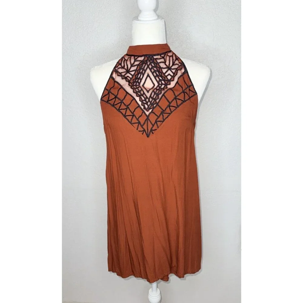 Tallow X Free People Burnt Orange NavyMini Dress Mesh & Embroidered Chest X